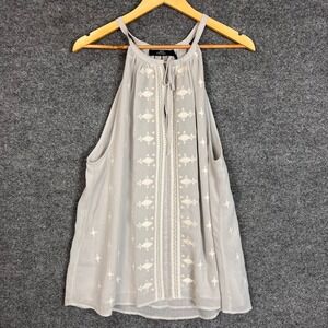 NEW BKE Boutique Halter Top Womens XL Grey New Embroidered Boho Chiffon Tank